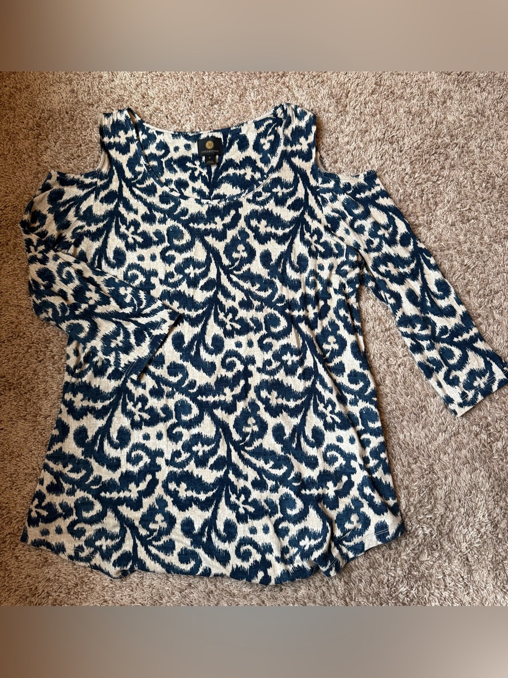 JM Collection Blue and White Cold-Shoulder Printed Blouse
